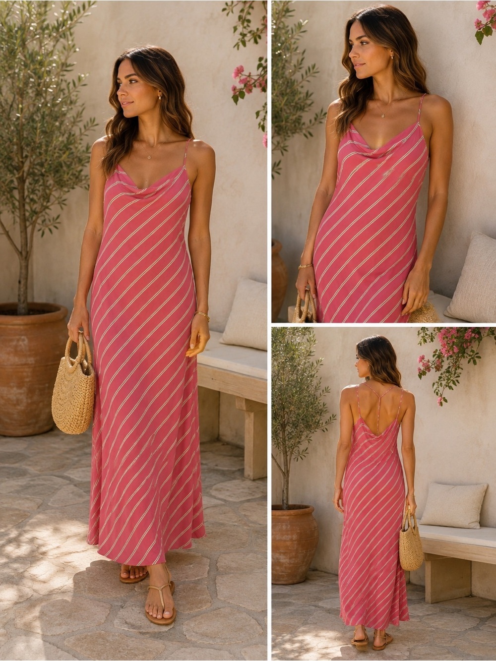 H&M Pink and Cream Diagonal-Stripe Spaghetti-Strap Maxi Dress